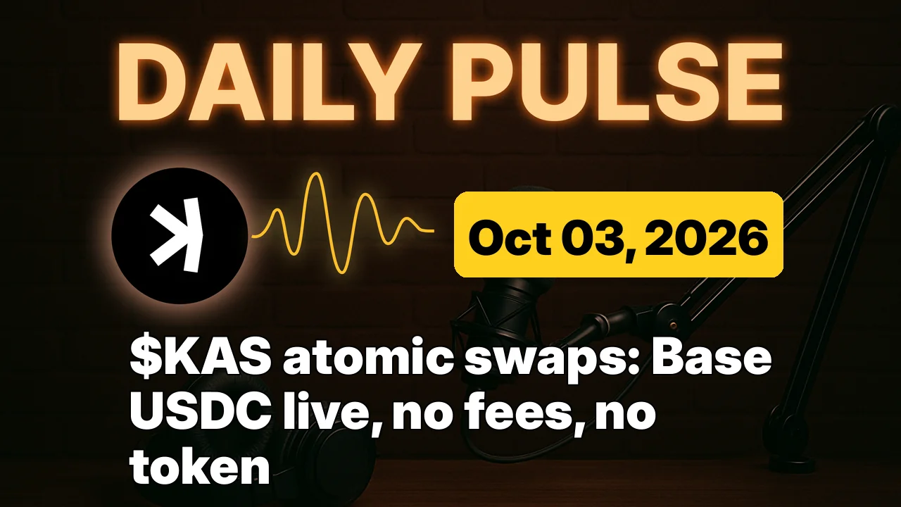 $KAS atomic swaps: Base USDC live, no fees, no token